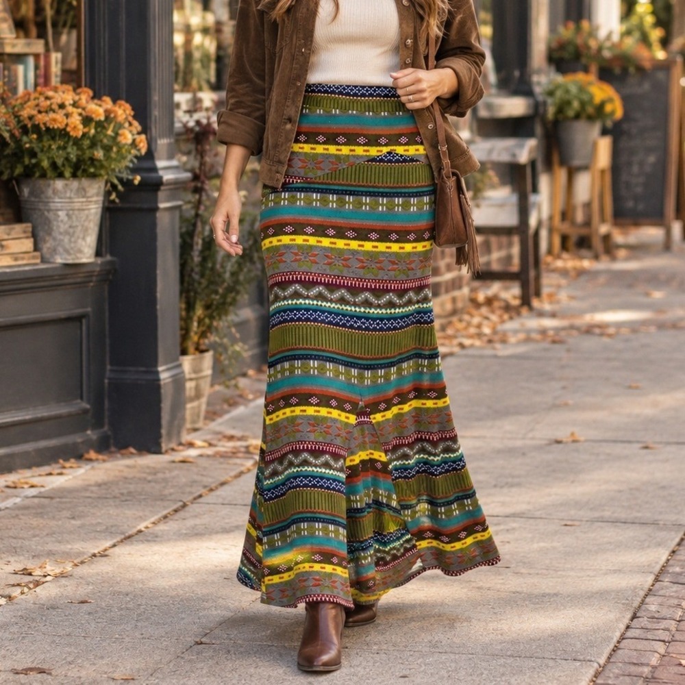 Poof! Fair Isle Nordic Print Maxi Skirt Women's M Artsy Folk